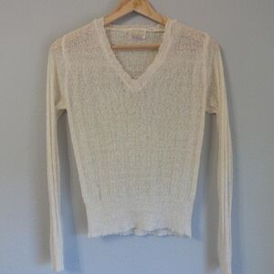 Vintage 60s Cream Knit Sweater Top Womens Med Sheer Textured Retro Minimalist